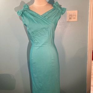 Tatyana teal wiggle dress with cute bow details